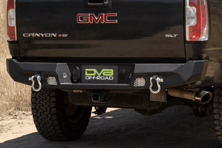 DV8 Offroad rear bumper RBCS3-01 for 2015-2022 GMC Canyon, heavy-duty steel rear bumper with off-road design.