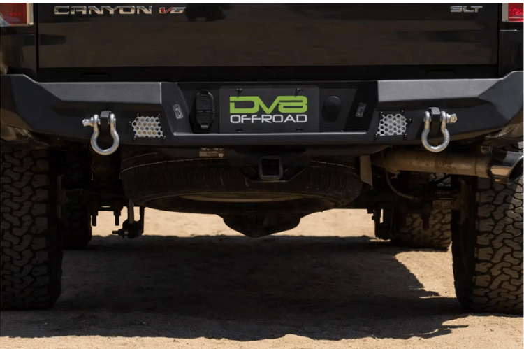 DV8 Offroad rear bumper RBCS3-01 for 2015-2022 GMC Canyon, heavy-duty steel rear bumper with off-road design.