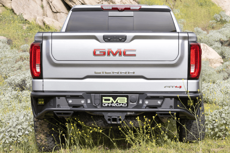 DV8 Offroad truck rear bumper RBCS1-04 for 2019–2025 GMC Sierra 1500, heavy-duty steel bumper for rugged rear-end protection.