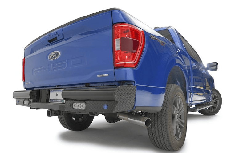 Fab Fours FF21-T5050-1 steel rear bumper for Ford F150 2021–2023 with sensor compatibility