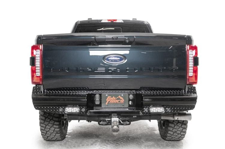 Fab Fours black steel rear bumper FS23-T5950-1 for 2023-2025 Ford F450/F550 Super Duty durable heavy duty rear bumper