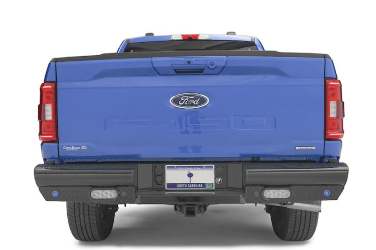 Fab Fours FF21-T5050-1 steel rear bumper for Ford F150 2021–2023 with sensor compatibility