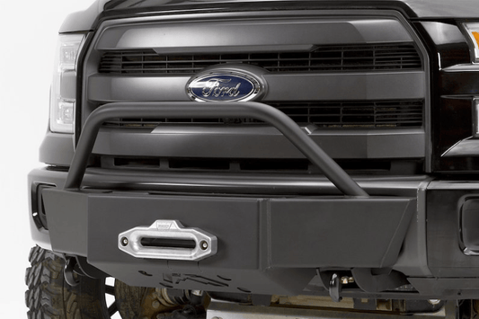 Front view of a Ford truck with a Fab Fours front winch bumper guard 