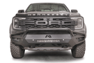 Fab Fours FR24-D6452-1 Vengeance Front Bumper with Pre-runner Guard installed on a 2024 Ford Ranger Raptor, featuring a high and tight fit, 11-gauge U.S. steel construction, matte black powder coat finish, and integrated mounts for a 20-inch LED light bar and dual cube lights.