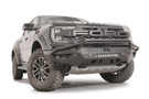 Fab Fours FR24-D6452-1 Vengeance Front Bumper with Pre-runner Guard installed on a 2024 Ford Ranger Raptor, featuring a high and tight fit, 11-gauge U.S. steel construction, matte black powder coat finish, and integrated mounts for a 20-inch LED light bar and dual cube lights.