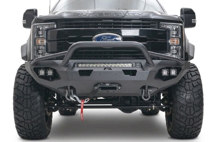 Fab Fours FS17-X4152-1 Matrix Front Bumper for 2017-2022 Ford F250/F350 Super Duty, winch-ready design with a pre-runner guard, providing rugged durability and aggressive front-end protection.