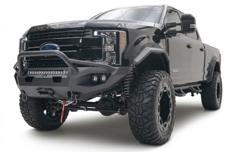 Fab Fours FS17-X4152-1 Matrix Front Bumper for 2017-2022 Ford F250/F350 Super Duty, winch-ready design with a pre-runner guard, providing rugged durability and aggressive front-end protection.