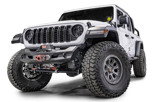 Fab Fours Ghost Stubby Front Winch Bumper JL24-B5151-1 delivers heavy-duty durability and bold styling for 2018-2025 Jeep Wrangler JL. Buy now at BumperOnly.