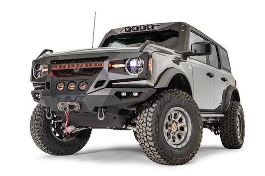 Fab Fours GR5200-1 Grumper front bumper winch ready on 2021-2024 Ford Bronco, aggressive grille-bumper combo for off-road protection and rugged style