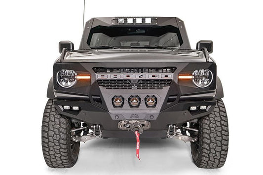 Fab Fours GR5200-1 Grumper front bumper winch ready on 2021-2024 Ford Bronco, aggressive grille-bumper combo for off-road protection and rugged style
