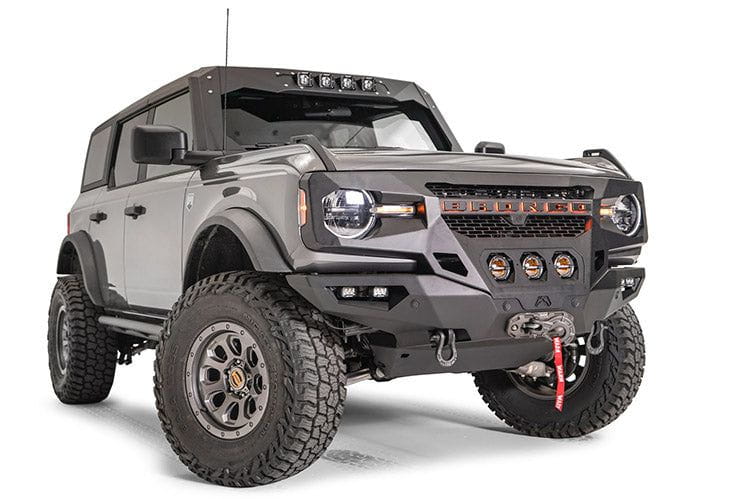 Fab Fours GR5200-1 Grumper front bumper winch ready on 2021-2024 Ford Bronco, aggressive grille-bumper combo for off-road protection and rugged style