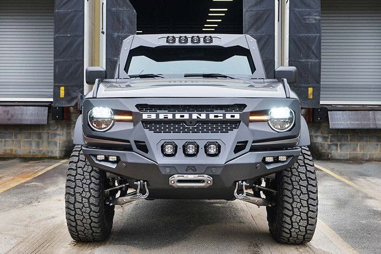 Fab Fours GR5200-1 Grumper front bumper winch ready on 2021-2024 Ford Bronco, aggressive grille-bumper combo for off-road protection and rugged style