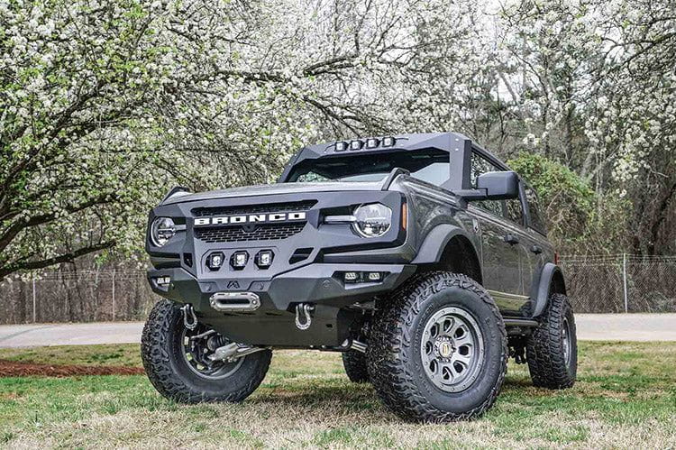 Fab Fours GR5200-1 Grumper front bumper winch ready on 2021-2024 Ford Bronco, aggressive grille-bumper combo for off-road protection and rugged style