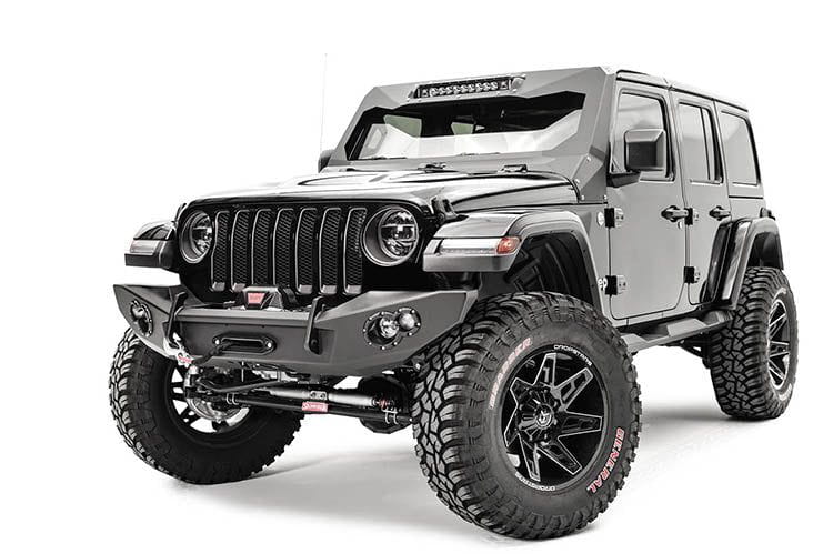 Fab Fours JL18-B4651-1 Lifestyle front bumper winch-ready with no guard on 2018-2025 Jeep Wrangler JL, rugged off-road bumper with sleek design and winch mount capability