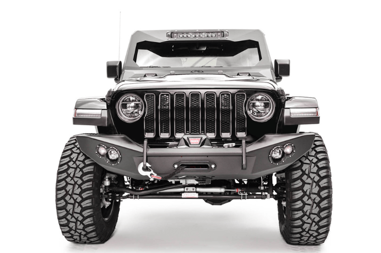 Fab Fours JL18-B4651-1 Lifestyle front bumper winch-ready with no guard on 2018-2025 Jeep Wrangler JL, rugged off-road bumper with sleek design and winch mount capability