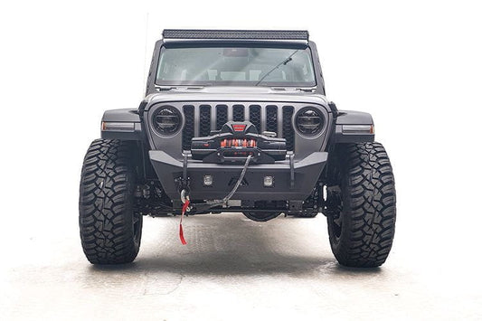 Fab Fours JL18-B4751-1 Stubby front bumper with no guard on 2018-2024 Jeep Gladiator, compact off-road bumper designed for rugged performance and enhanced clearance