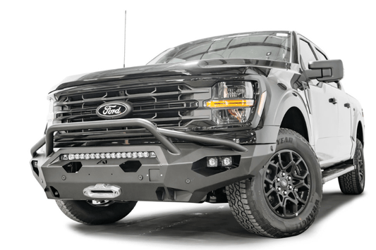 Fab Fours Matrix front bumper FF24-X6552-1 with pre-runner guard for 2024 Ford F150, designed for rugged protection and style.
