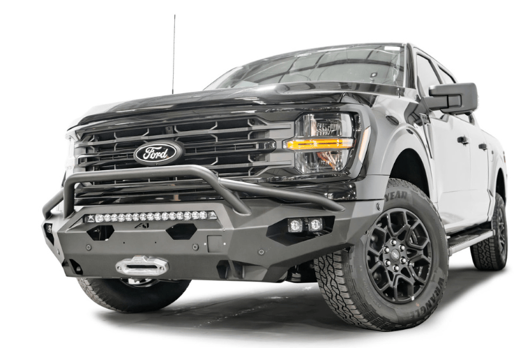 Fab Fours Matrix front bumper FF24-X6552-1 with pre-runner guard for 2024 Ford F150, designed for rugged protection and style.