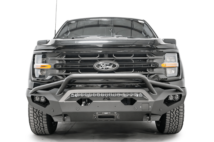 Fab Fours Matrix front bumper FF24-X6552-1 with pre-runner guard for 2024 Ford F150, designed for rugged protection and style.