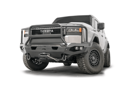 Fab Fours Matrix Front Bumper for 2024-2025 Toyota Land Cruiser with matte finish and full guard winch mount.