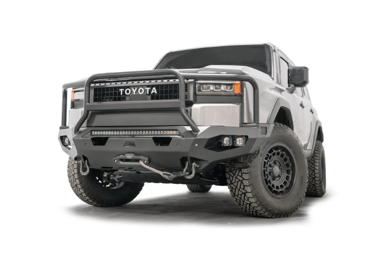 Fab Fours Matrix Front Bumper for 2024-2025 Toyota Land Cruiser with matte finish and full guard winch mount.