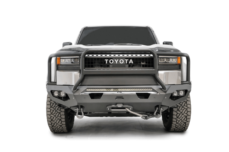 Fab Fours Matrix Front Bumper for 2024-2025 Toyota Land Cruiser with matte finish and full guard winch mount.