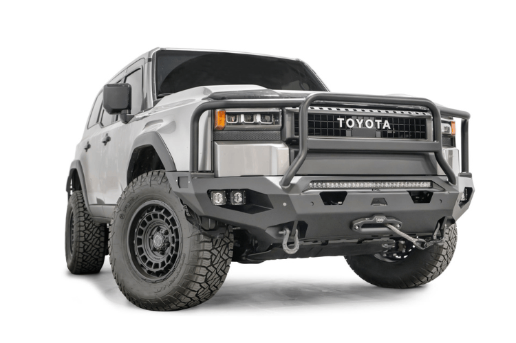 Fab Fours Matrix Front Bumper for 2024-2025 Toyota Land Cruiser with matte finish and full guard winch mount.