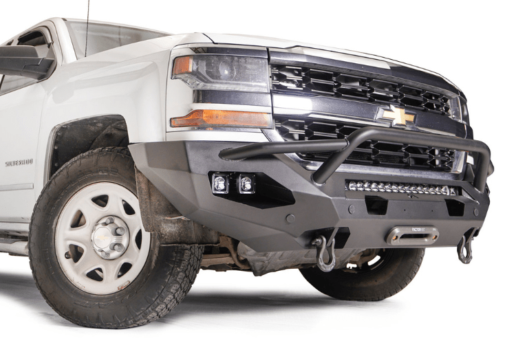 Fab Fours CS16-X4852-1 Matrix front bumper with pre-runner guard for 2016–2018 Chevy Silverado 1500, winch-ready and built for aggressive off-road protection