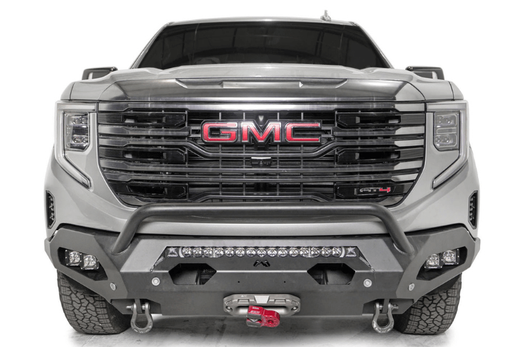 Fab Fours GS23-X5852-1 Matrix front bumper with pre-runner guard for 2022–2024 GMC Sierra 1500, winch-ready and built for aggressive off-road protection and rugged style