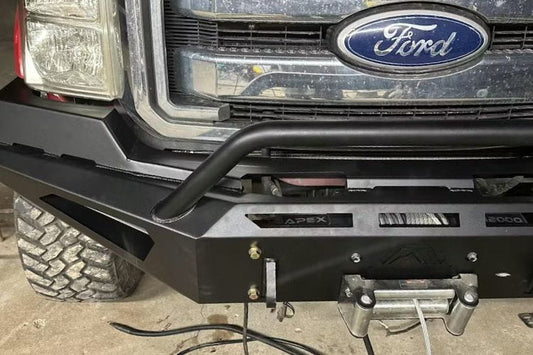 Fab Fours Red Steel FS17-RS4162-1 front bumper on 2017-2022 Ford F250 F350 Super Duty winch ready pre-runner guard