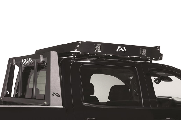Fab Fours Universal Roof Rack 48" RR48-1 installed on 1999–2016 Ford F450/F550 Super Duty, featuring a premium matte black roof rack designed for heavy-duty use and mounting Fab Four truck accessories