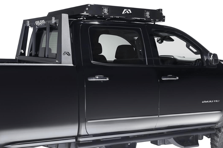 Fab Fours Universal Roof Rack 48" RR48-1 installed on 1999–2016 Ford F450/F550 Super Duty, featuring a premium matte black roof rack designed for heavy-duty use and mounting Fab Four truck accessories