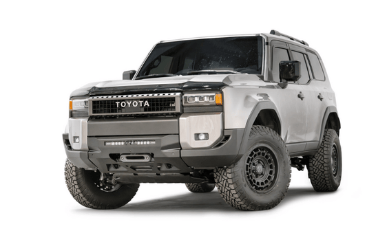 Fab Fours TL24-N6751-1 front winch bumper for 2024-2026 Toyota Land Cruiser with hidden winch mount; no guard design for a clean, heavy duty upgrade