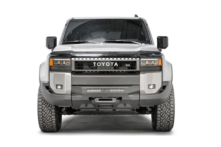 Fab Fours TL24-N6751-1 front winch bumper for 2024 Toyota Land Cruiser with hidden winch mount; no guard design for a clean, heavy duty upgrade