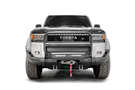 Fab Fours TL24-N6752-1 heavy duty front winch bumper with grille guard for 2024 Toyota Land Cruiser; features hidden winch mount and pre-runner guard