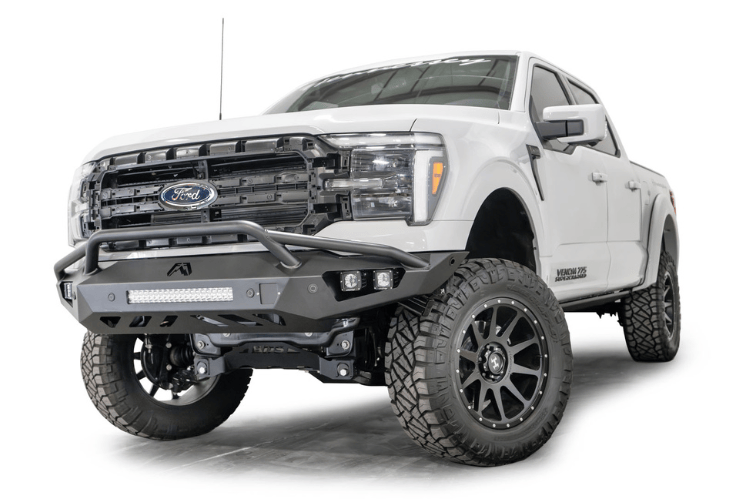 Fab Fours Vengeance front bumper FF24-D6552-1 with pre-runner guard for 2024 Ford F150, heavy-duty steel protection.
