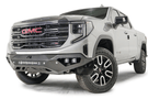 Silver GMC Sierra truck's front end showcasing the Fab Fours Vengeance bumper, model GS23-D5851-1, for 2022.5-2024