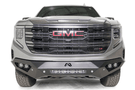 Silver GMC Sierra truck's front end showcasing the Fab Fours Vengeance bumper, model GS23-D5851-1, for 2022.5-2024