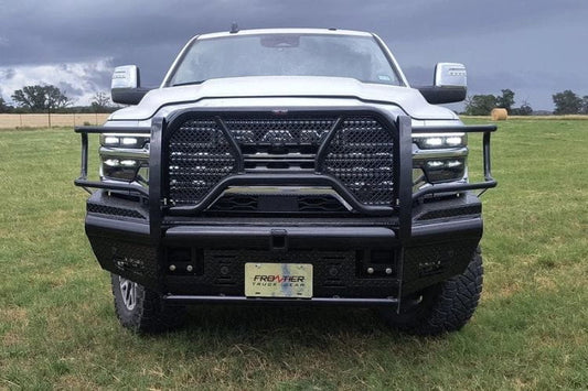 Front view of a Frontier Commercial Front Bumper Replacement for 2025 Dodge Ram 2500 and 3500, heavy-duty diamond plate steel in an open field