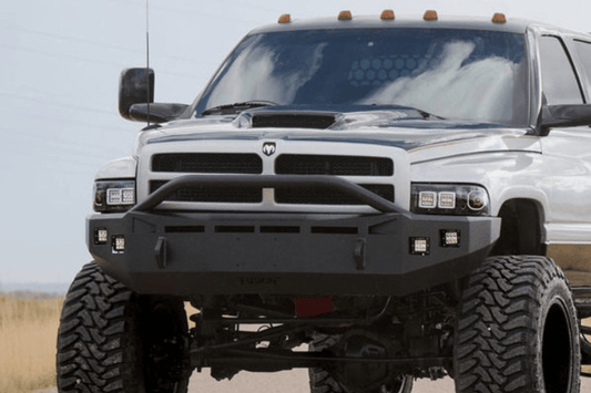 Fusion custom front bumper FB9402RAMFB for 1994–2002 Dodge Ram 2500/3500, delivering rugged protection and custom truck styling.