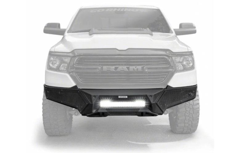 Go Rhino front bumper Element 341301T for 2019–2026 Ram 1500 Rebel with power hide-away light bar mount.