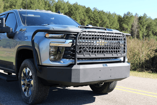 Heavy-duty Hammerhead TVI front bumper with full brush guard for Chevy Silverado 2500/3500 2024-2025.