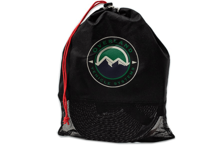 Black drawstring bag with a logo
