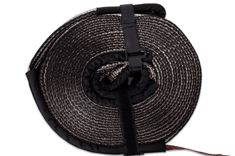 Coiled black and gray recovery rope with a strap.