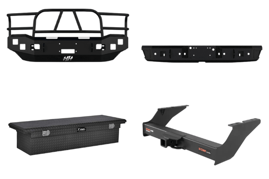 2004 Ford F250 Super Duty Heavy Hauler Kit featuring Hammerhead 600-56-0097 front bumper, Hammerhead 600-56-0476 rear bumper, UWS TBS-72-LP-MB truck toolbox, and Curt 15410 trailer hitch — designed for maximum hauling performance and durability
