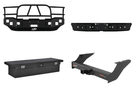 2004 Ford F250 Super Duty Heavy Hauler Kit featuring Hammerhead 600-56-0097 front bumper, Hammerhead 600-56-0476 rear bumper, UWS TBS-72-LP-MB truck toolbox, and Curt 15410 trailer hitch — designed for maximum hauling performance and durability