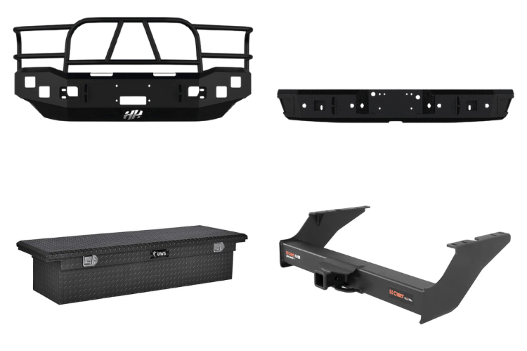 2004 Ford F250 Super Duty Heavy Hauler Kit featuring Hammerhead 600-56-0097 front bumper, Hammerhead 600-56-0476 rear bumper, UWS TBS-72-LP-MB truck toolbox, and Curt 15410 trailer hitch — designed for maximum hauling performance and durability