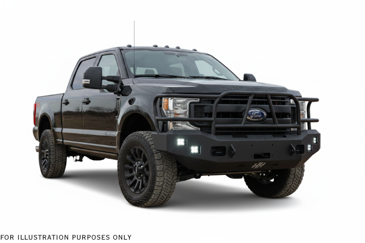 2004 Ford F250 Super Duty Heavy Hauler Kit featuring Hammerhead 600-56-0097 front bumper, Hammerhead 600-56-0476 rear bumper, UWS TBS-72-LP-MB truck toolbox, and Curt 15410 trailer hitch — designed for maximum hauling performance and durability