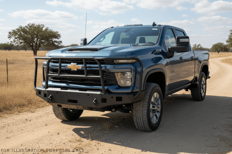 2025 Silverado 2500HD Heavy Hauler setup with Hammerhead front bumper, Roar Armor rear protection, UWS toolbox, and Curt hitch for towing