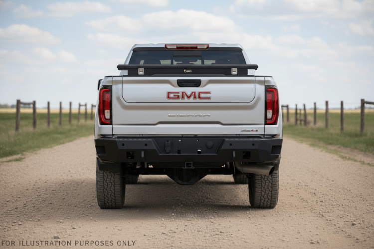 Durable 2023 GMC Sierra 2500HD setup with Heavy Hauler Kit for hauling and towing – Hammerhead bumper, UWS toolbox, Curt hitch
